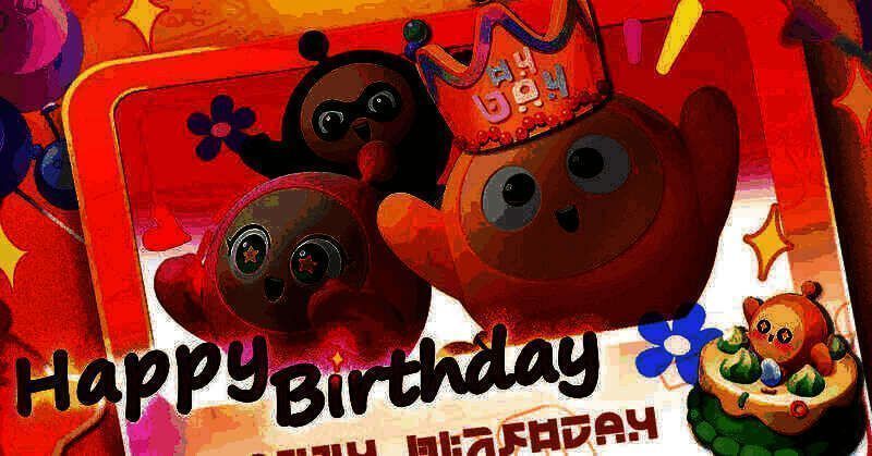 《蛋仔派对》生日活动宣传图，五小只蛋仔手持蛋糕与礼花，背景是梦幻的派对场景