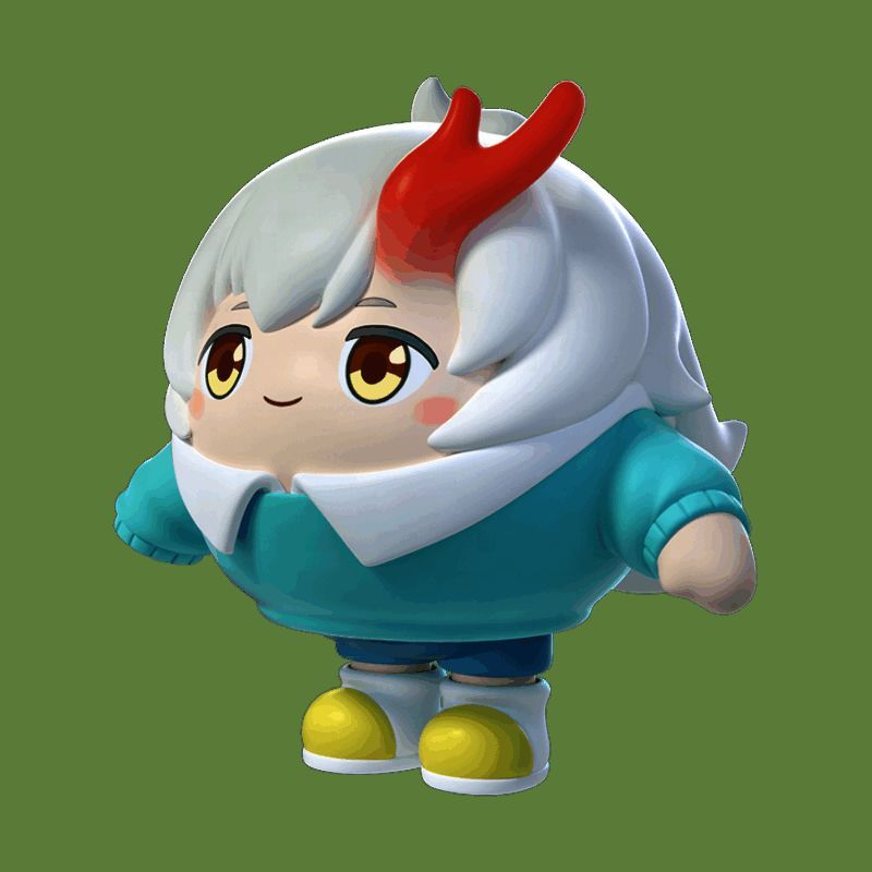 茨木童子角色立绘，身穿蓝色校服，单臂空袖随风飘动，脸上带着天真又略带委屈的笑容