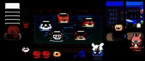 游戏中不同温度的浴池设置界面，动物们分别在冷热水池中享受泡澡，背景有泡泡和药草特效