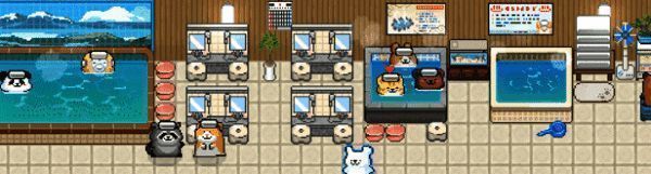 员工管理界面，线条小狗正在指挥其他动物员工打扫卫生、补充库存