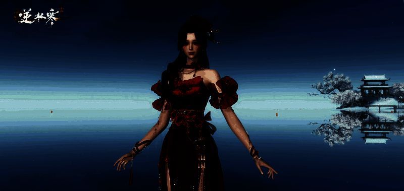 角色身穿【炽情私语】时装，手持长剑，背景为月下庭院