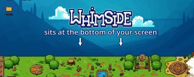 《Whimside》游戏主界面展示，画面中呈现森林环境与多种可爱小生物围绕角色跳跃的温馨场景