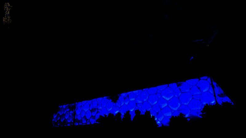 夜晚的水立方被蓝色光影覆盖，龙形光影环绕建筑盘旋，气势磅礴