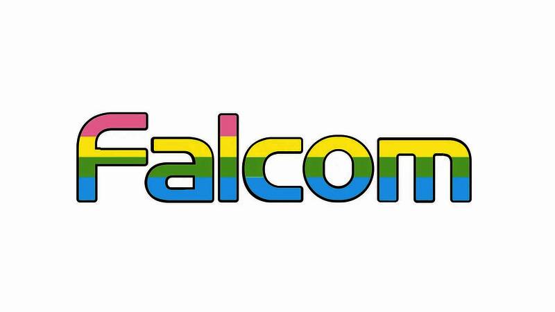 Falcom公司财报发布会现场截图，背景展示多款游戏LOGO与财务数据图表