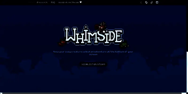 《Whimside》官方网站界面截图，显示游戏介绍、角色图鉴与更新日志等内容