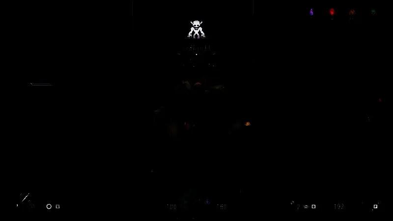 玩具房间内部特写，克利德主教模型置于发光台座上，周围有恶魔浮雕装饰