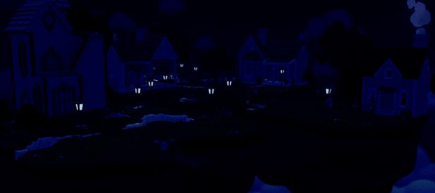 两位居民在装饰精美的庭院中交谈，周围点缀着花草与小灯饰