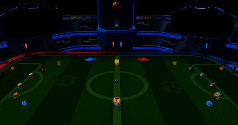 比赛对局界面展示，红蓝双方蛋仔在球场上激烈对抗，中央足球高高弹起，比分牌显示2:2平局