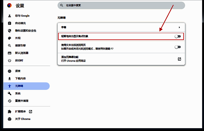 开关已开启，页面展示焦点元素被蓝色边框短暂高亮的效果示意图