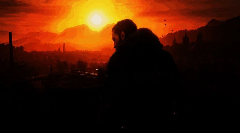 《消逝的光芒：困兽》官方宣传图，主角Kyle Crane身着标志性装备，在破败城市中警觉前行，背景为黄昏下的废弃建筑群