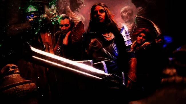 《龙腾世纪：影幛守护者》游戏主视觉图，黑暗神秘氛围笼罩，角色身披斗篷伫立于废墟之上