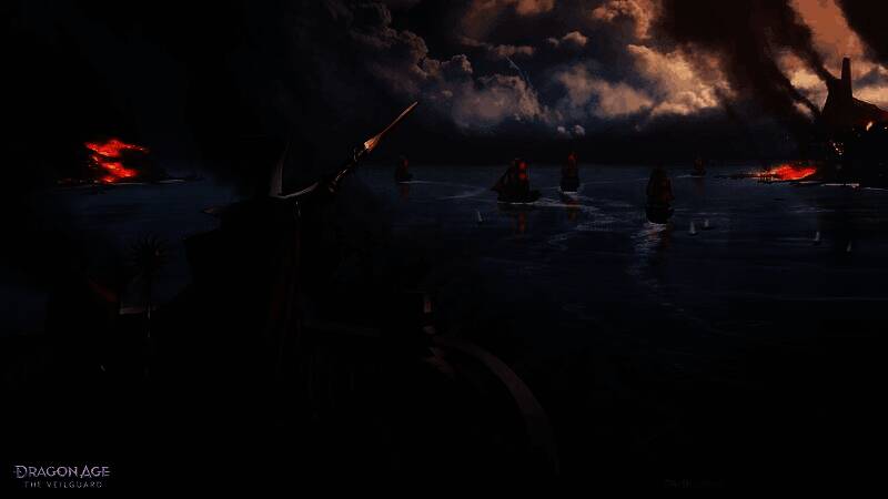 一名身穿重甲的战士站在风暴中的高塔顶端，背后是翻滚的紫色雷云