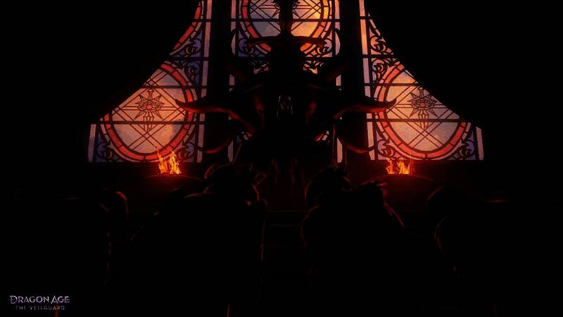 神秘祭坛场景，符文 glowing blue light，周围环绕着黑袍人物剪影