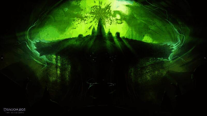 一名女法师在废墟中施法，能量波纹扩散，天空裂开一道缝隙