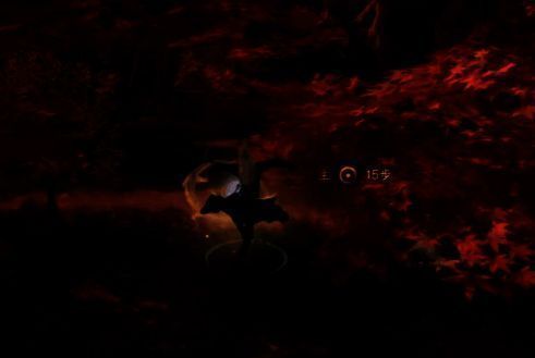 落英谷地图局部截图，红色花瓣轨迹蜿蜒通向古亭，环境充满诗意与神秘感