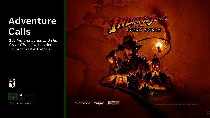英伟达宣传图展示RTX 40系显卡与《夺宝奇兵：古老之圈》游戏封面联动画面，科技感十足