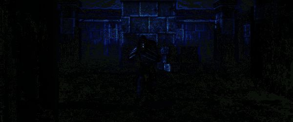 角色在迷宫中穿行的动态画面，视角缓慢旋转，展现低多边形建筑与闪烁的火把光影