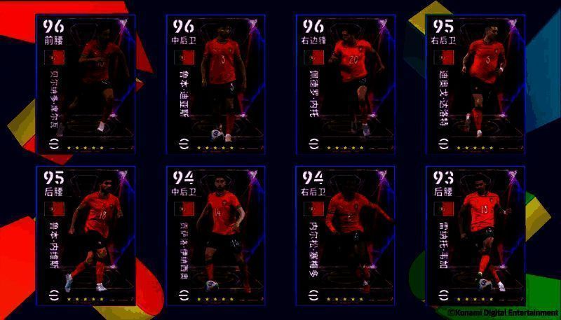 欧洲冠军精选球员合集展示，多名身穿豪门战袍的球星列队亮相，背景为欧冠奖杯