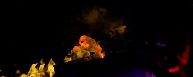 《非生物因素》中升级后的古董霰弹枪在昏暗环境中开火，枪口喷射出巨大火焰，前方敌人被爆炸气浪掀飞，地面残留焦黑痕迹