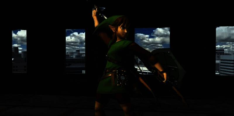 游戏动画截图：林克用左手拉下剑鞘，右手将剑插入