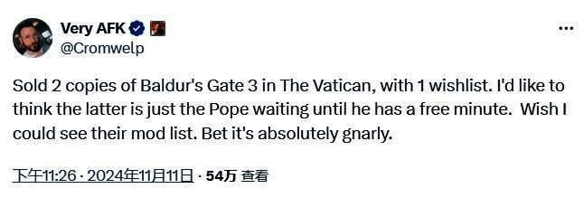 拉瑞安工作室发行总监Michael Douse发布的社交帖文截图，展示《博德之门3》在梵蒂冈的销售数据及趣味评论