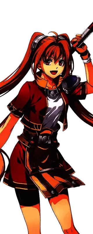 艾丝蒂尔战斗姿态，手持棒术具跃起，动作矫健，眼神坚定