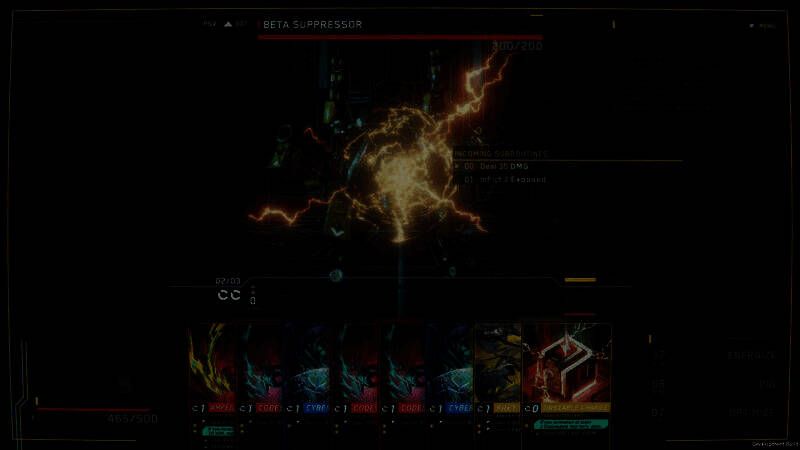 战斗界面展示，左侧为玩家卡组与VIM资源条，右侧为敌人防火墙结构，中央是正在进行的数据攻防动画