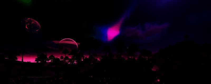 《幸福工厂》游戏中玩家驾驶载具穿越丛林，远处可见外星生物与奇异植物共存的探索场景