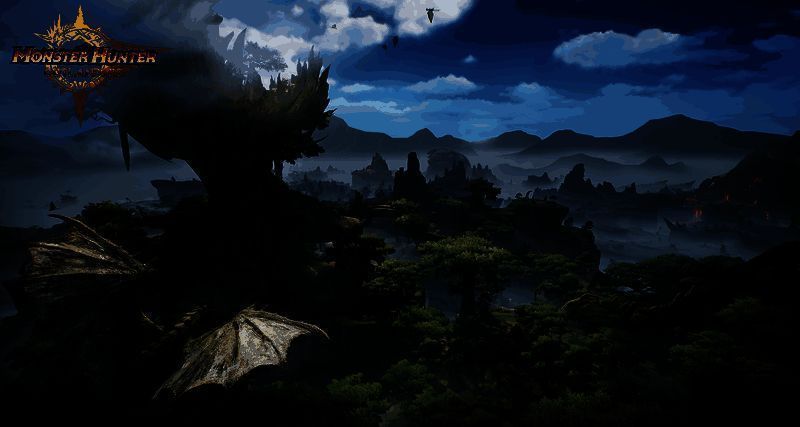 游戏场景概念图，展示多样化的生态环境与怪物出没的丛林地带