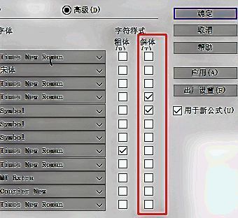 Mathtype高级设置页面中各类文本格式自定义选项的完整界面