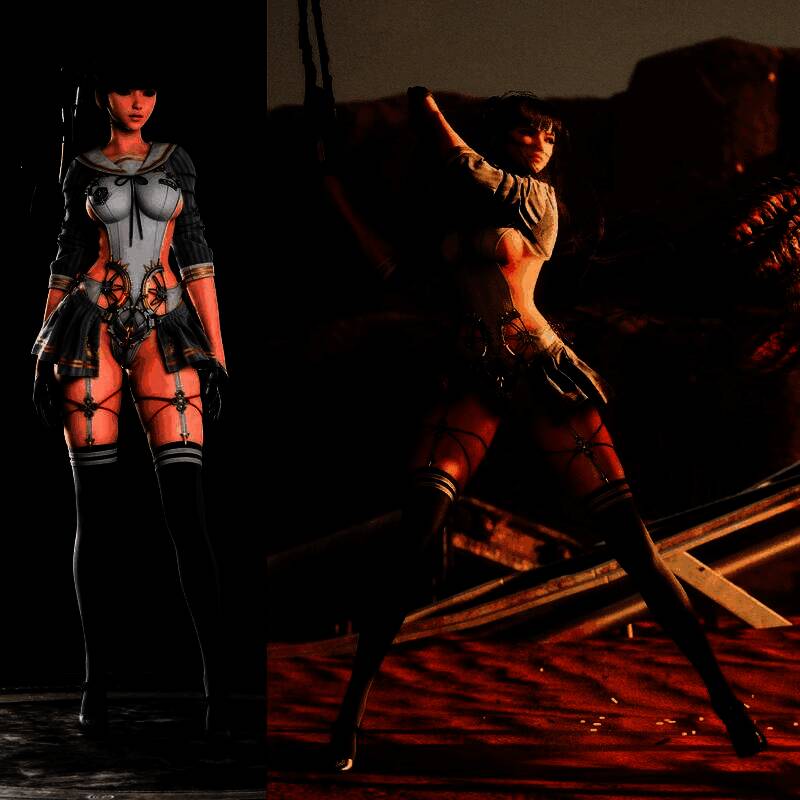 游戏内视角展示灰色战衣全身造型，角色站立于未来都市背景前，光影交错，突显服装细节