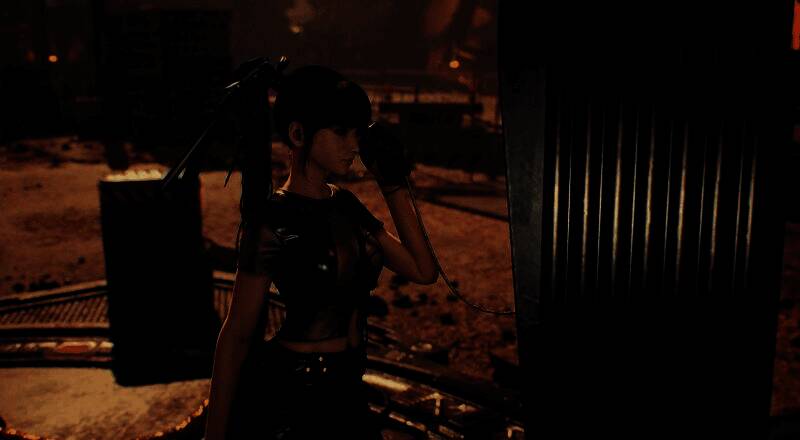 四秒钟黑套装展示，角色摆出战斗姿态，服装贴合身形，肩部有战术组件细节