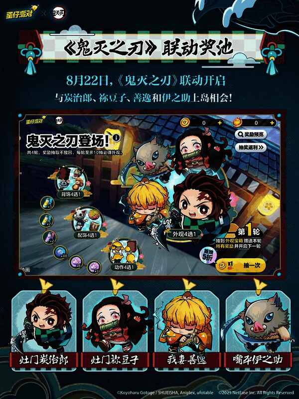 联动角色外观展示图，炭治郎手持日轮刀摆出水之呼吸起手式，祢豆子藏在箱中探头，善逸抱头蹲防，伊之助野性怒吼