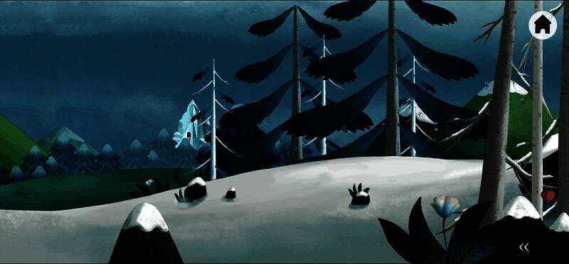 角色在雪地中左滑接近石墩，镜头聚焦角落隐藏的红果子，周围有微弱光效提示