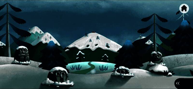 角色正在推动石墩，背景为初始森林，雪已融化，路径显现