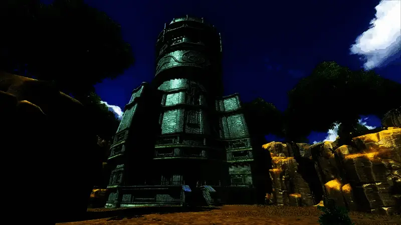 翡翠之塔远景，碧绿色高塔在夕阳下熠熠生辉，周围雾气缭绕，宛如仙境