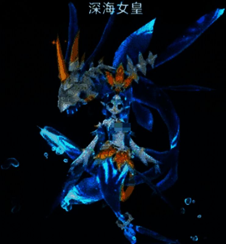 SSR深海女皇宠物立绘，身披水晶铠甲，手持三叉戟，背景为深海宫殿