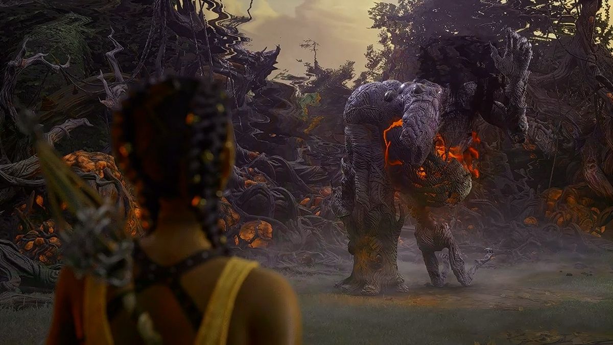 游戏内神庙遗迹场景，石柱刻满古老符文