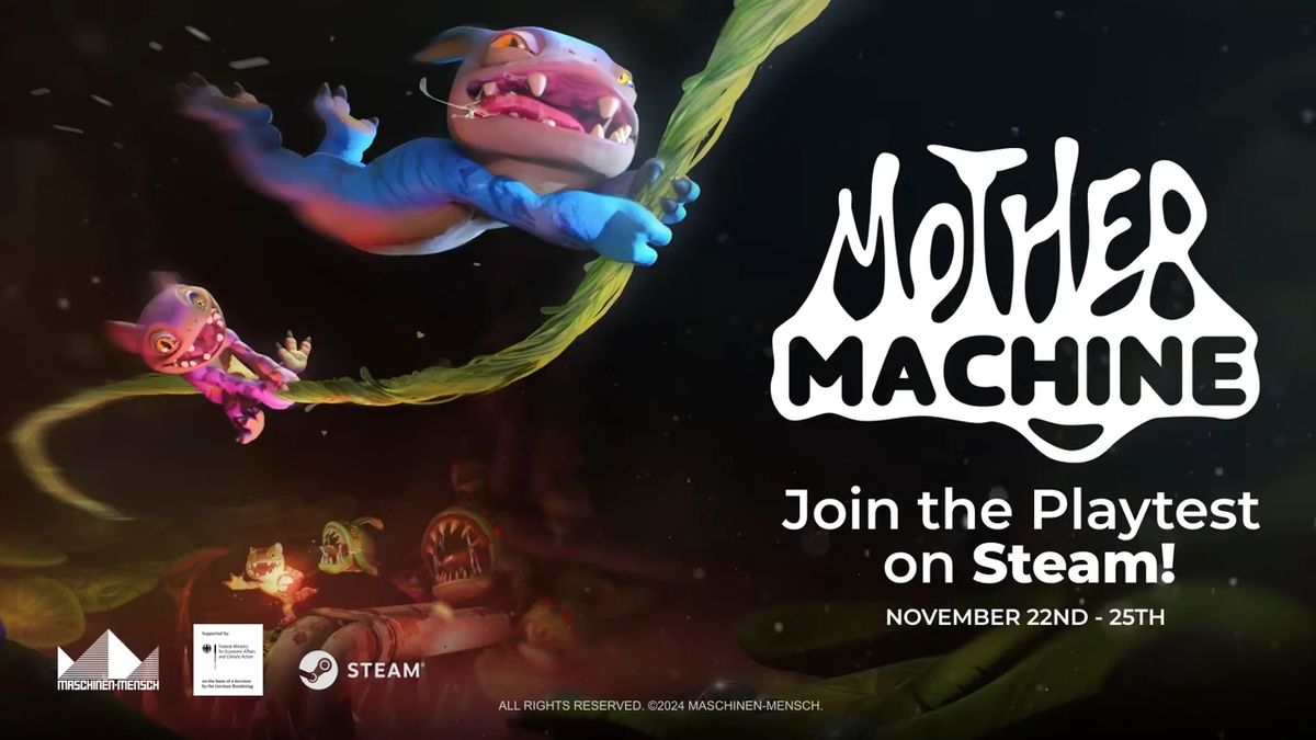 《Mother Machine》游戏场景概念图，展示色彩斑斓的外星洞穴内部，发光植物与漂浮机械小精灵共同构成梦幻科幻氛围