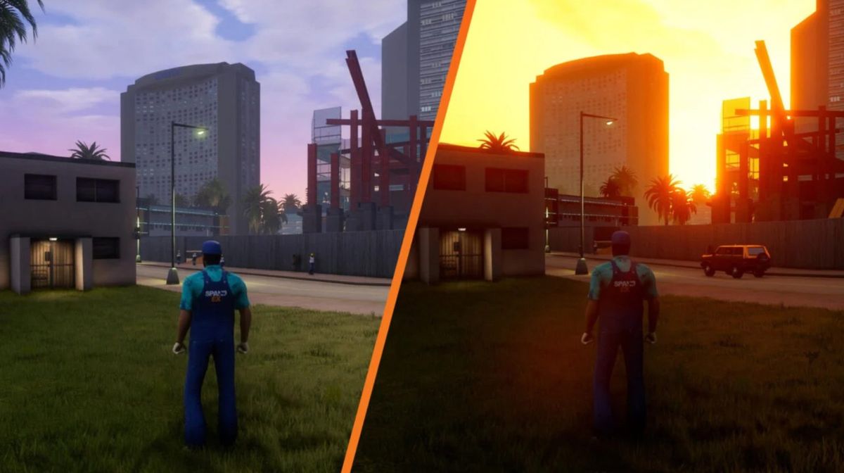 《GTA：三部曲-终极版》更新前后对比画面，城市光影更加真实，环境细节显著提升