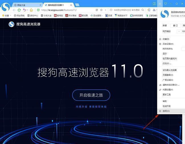 下拉菜单中“选项”项被高亮显示，指示下一步操作位置