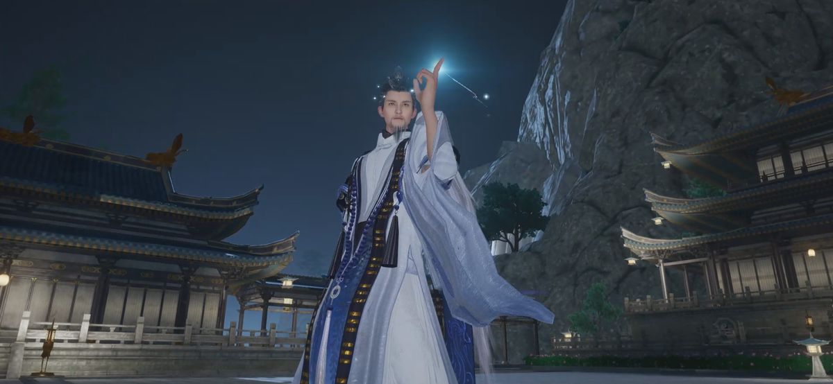 王重阳独立山巅，左手执剑，右手指天，身后浮现太极图，阴阳流转