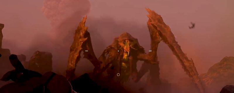 《绝地潜兵2》游戏中展示大笑射击法的操作界面，角色背身大笑，准星位于屏幕中心偏右，正在进行精准射击