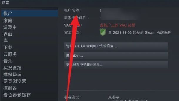 Steam账户设置页面右侧，高亮显示‘账户名称’及其对应的账号ID