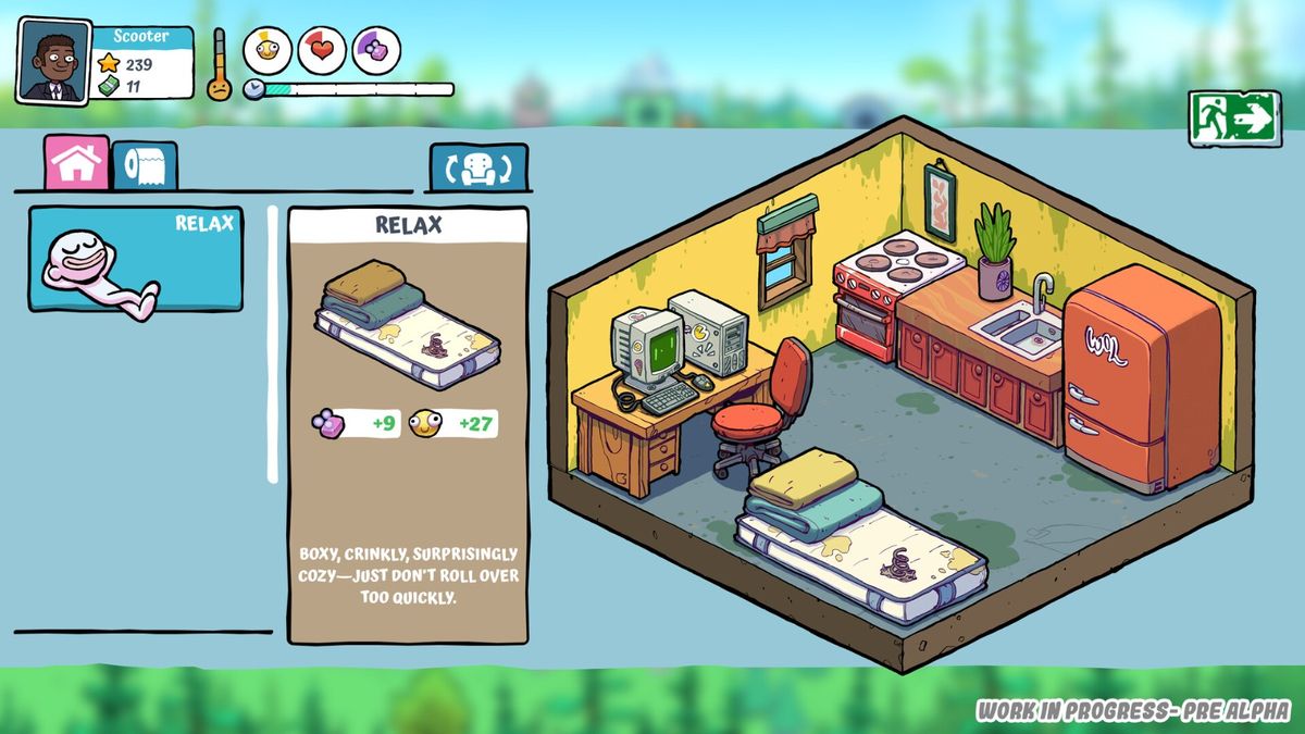 角色选择界面，展示四位风格鲜明的角色立绘，分别代表不同生活态度