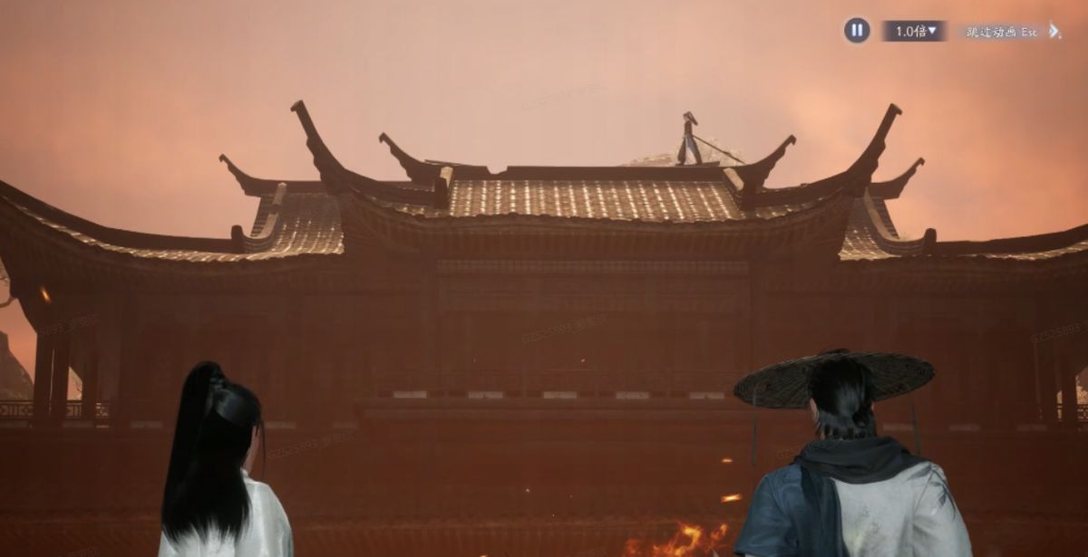 剧情高潮画面：慕容冲倒地，少侠立于废墟之中，手中凝聚斗转星移气劲，天空电闪雷鸣