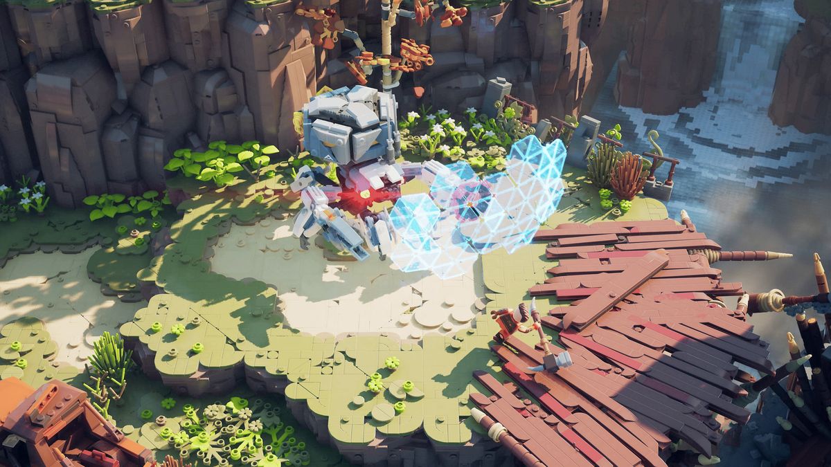 游戏截图展示主角艾洛伊与一群乐高风格的机械鹿互动，场景由彩色积木构成，光影效果逼真