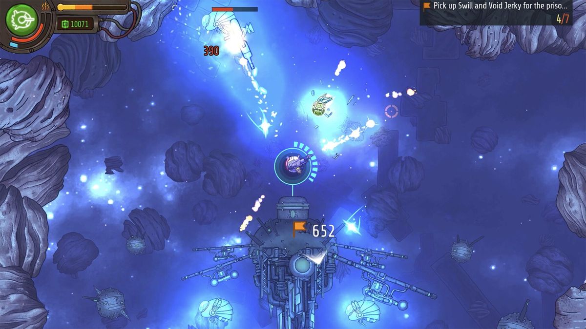 玩家在冰雪星球上滑行，手持双枪射击飞行敌人