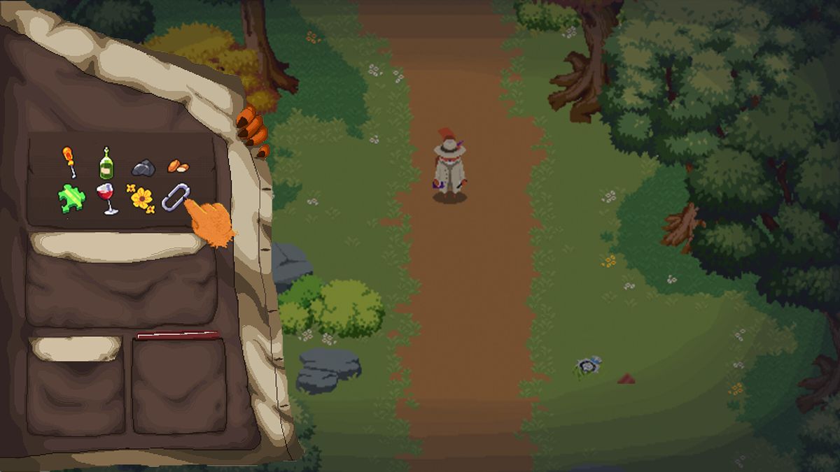 游戏中角色对话场景，松鼠侦探考克斯与一只戴着围裙的母鸡对峙，对话框充满讽刺语气