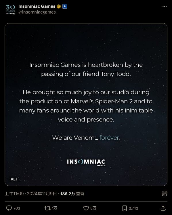 Insomniac Games官方悼念推文截图，称Tony Todd为无可替代的声音与存在